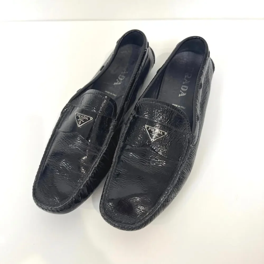 PRADA Black Patent Leather Silver Triangle Logo Driving Loafer 10 Moccasin Shoes